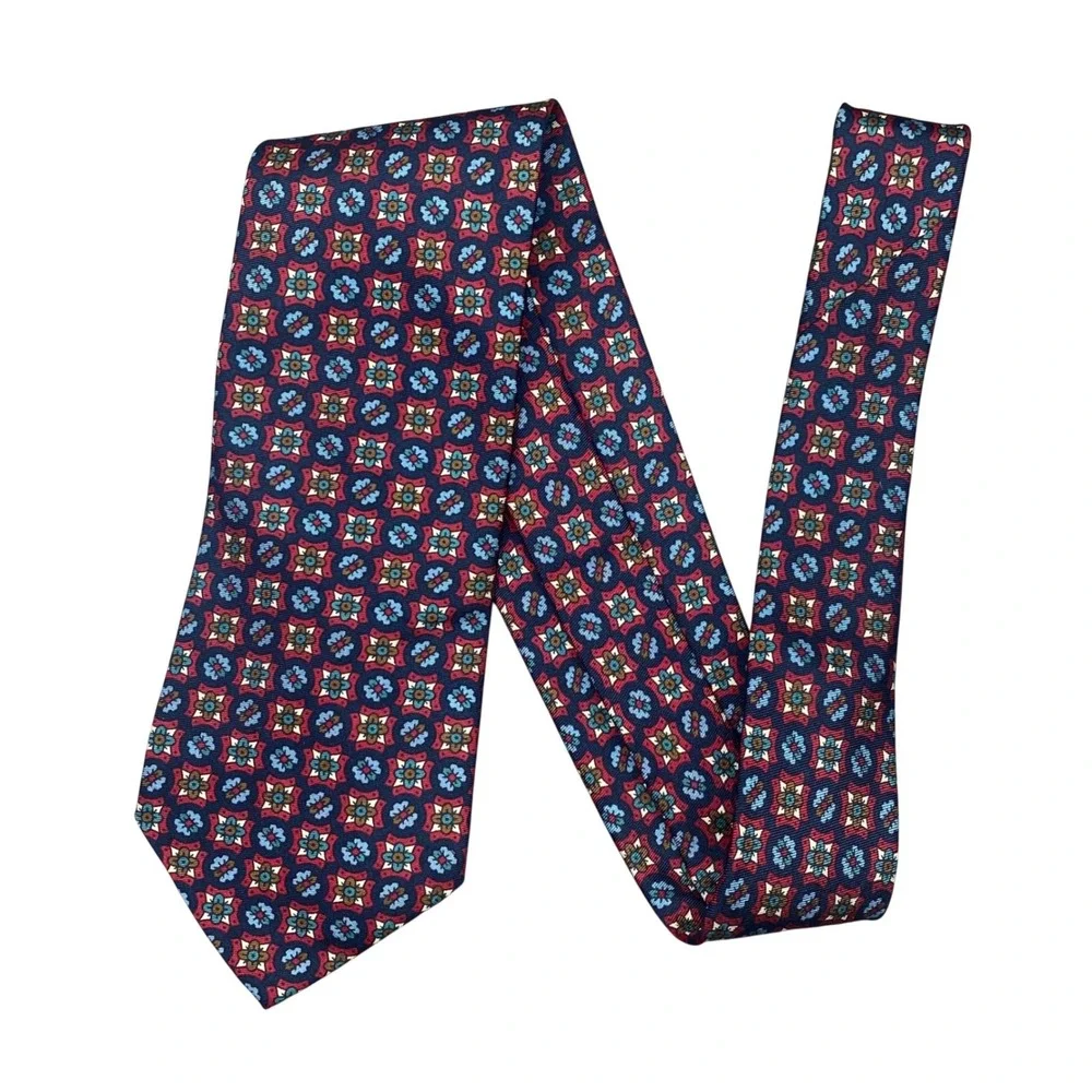 Vintage J. Crew Silk Tie Medallion Mens Blue Red Oarsma Geometric USA Academia